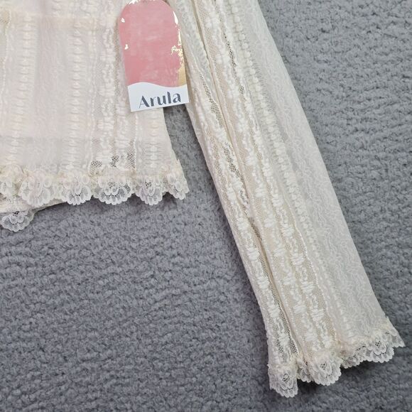 Arula Boho Lace Blouse 2X Cream NWT Scalloped Romantic Ruched Tie Sheer Sleeve - Picture 7 of 16